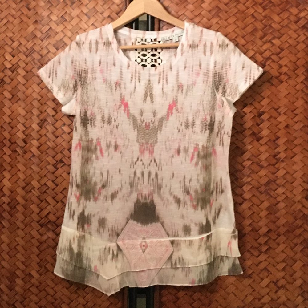 Cleo Crochet Back Boho Tee M Medium Pink Tan White Cap Sleeve Cotton Top
